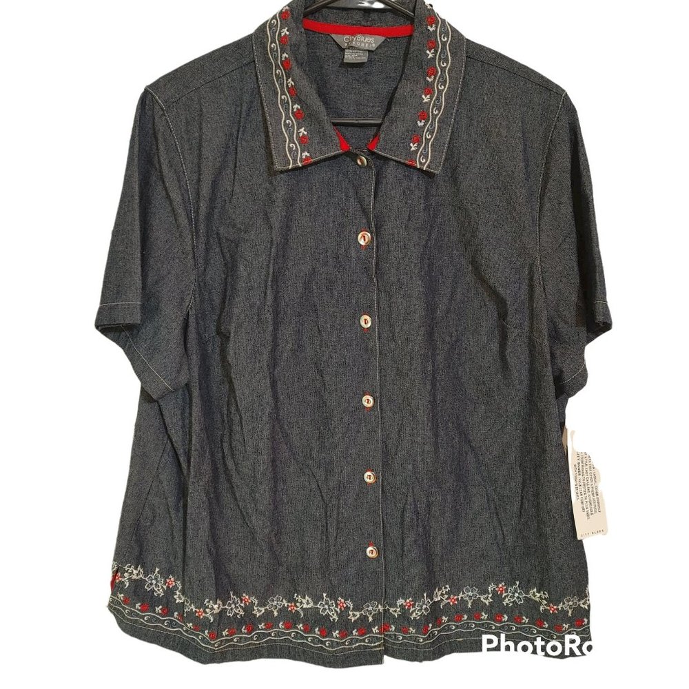 Koret Dark Denim Button-Down Shirt with Red & White Embroidery